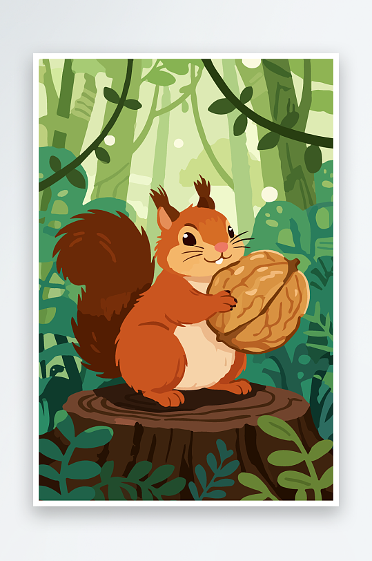 抱着核桃的卡通松鼠-众图网