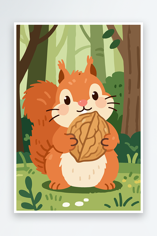 抱着核桃的卡通松鼠-众图网