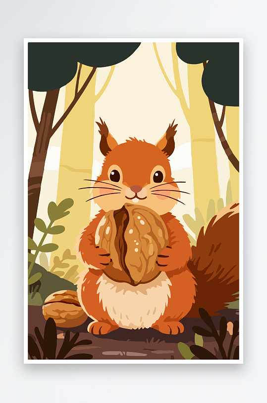 抱着核桃的卡通松鼠-众图网