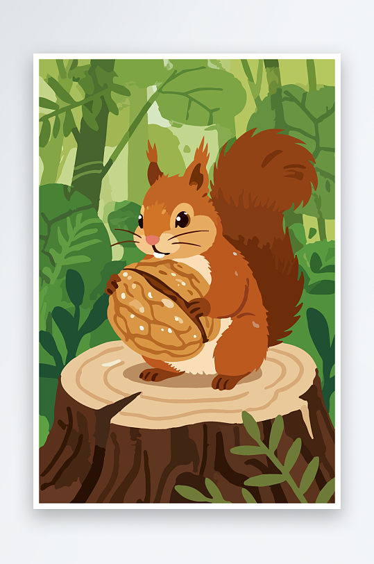 抱着核桃的卡通松鼠-众图网