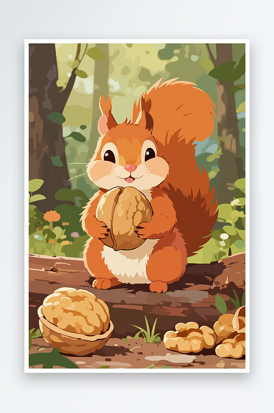 抱着核桃的卡通松鼠-众图网