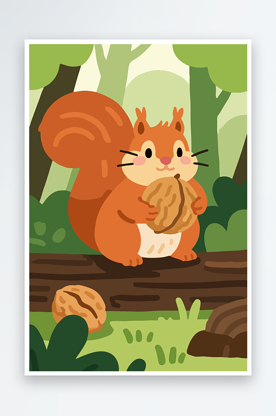 抱着核桃的卡通松鼠-众图网