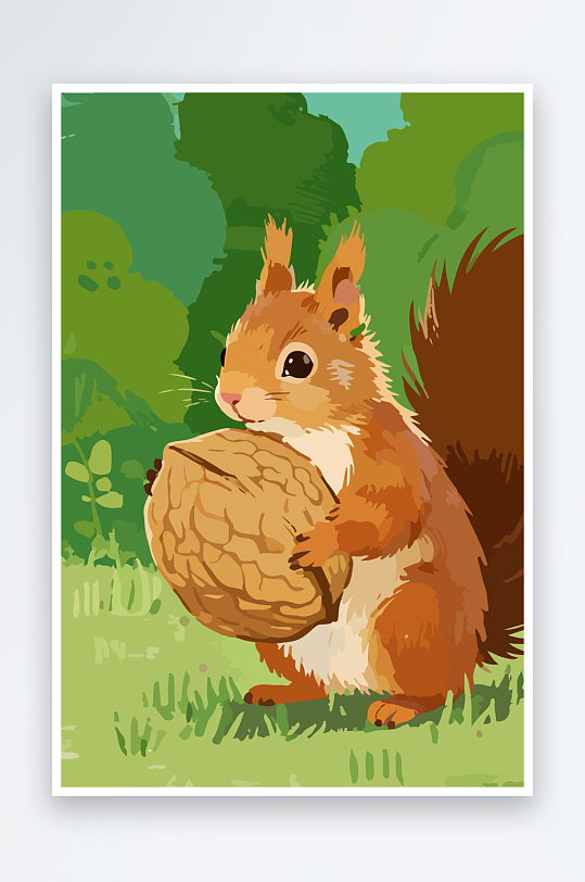 抱着核桃的卡通松鼠-众图网