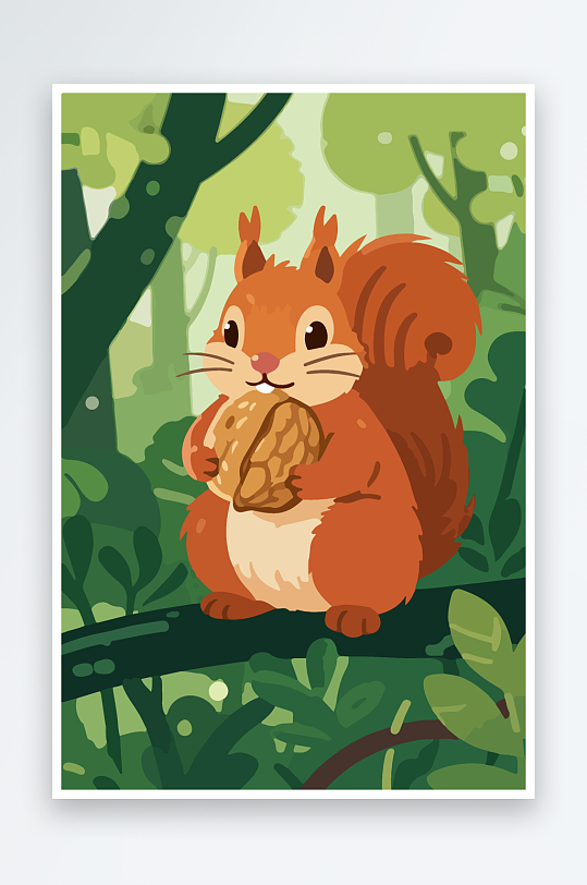 抱着核桃的卡通松鼠-众图网