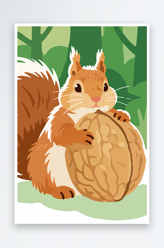 抱着核桃的卡通松鼠-众图网