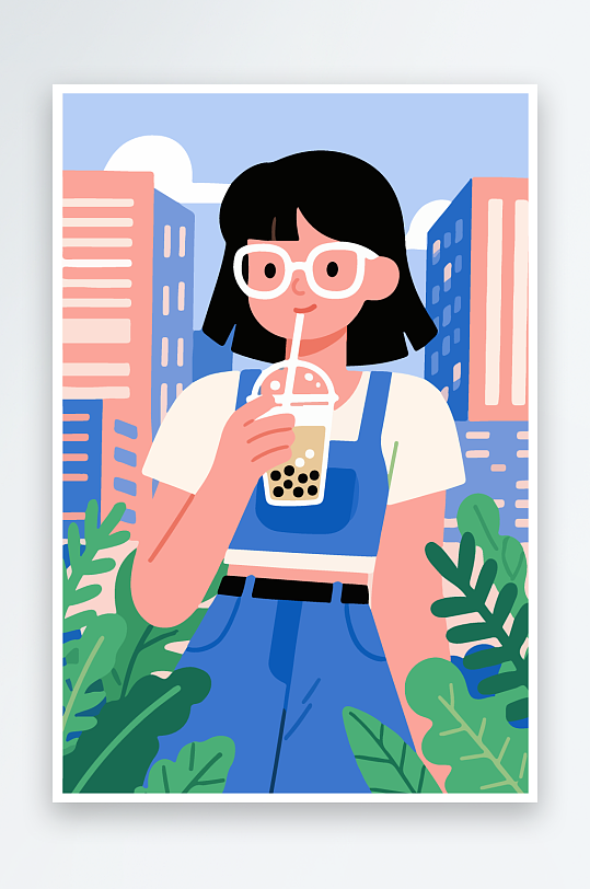 女孩手持奶茶潮流插画-众图网
