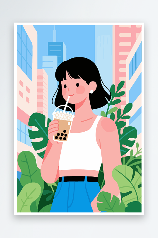 女孩手持奶茶潮流插画-众图网