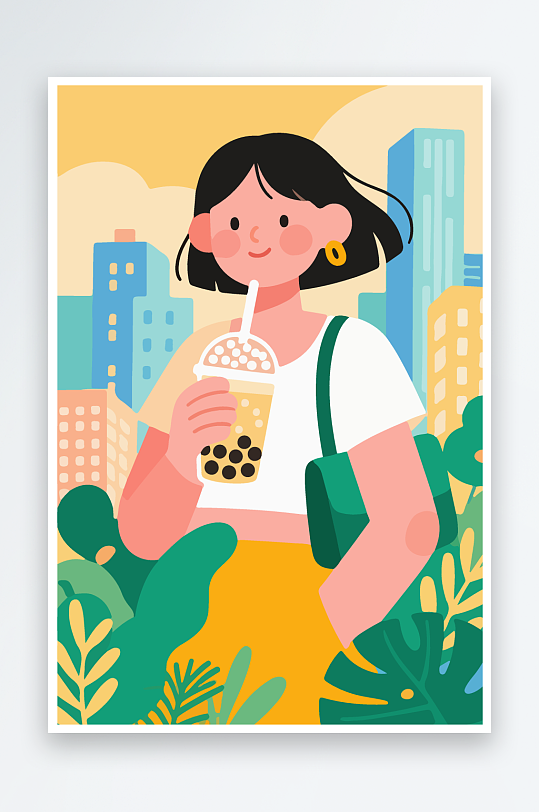 女孩手持奶茶潮流插画-众图网