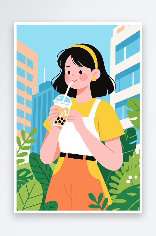女孩手持奶茶潮流插画-众图网