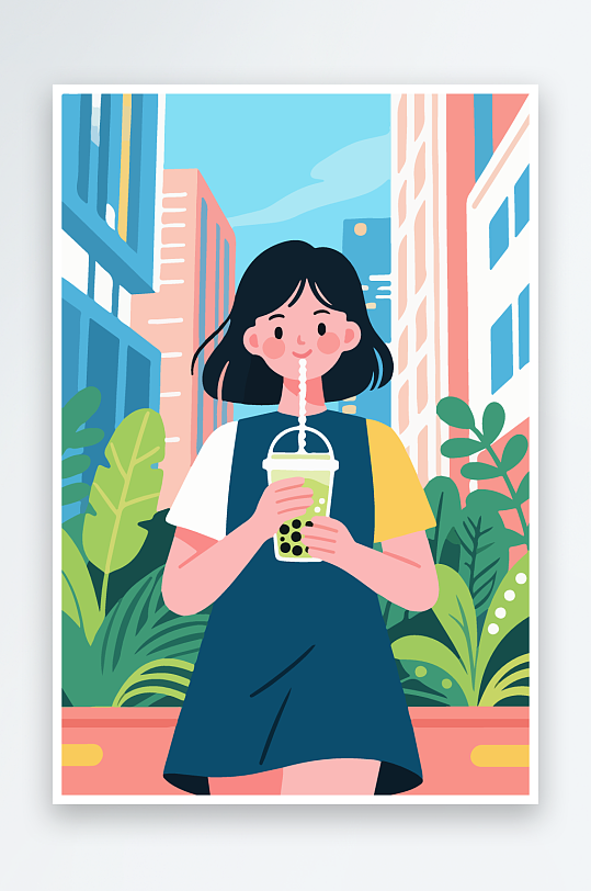 女孩手持奶茶潮流插画-众图网