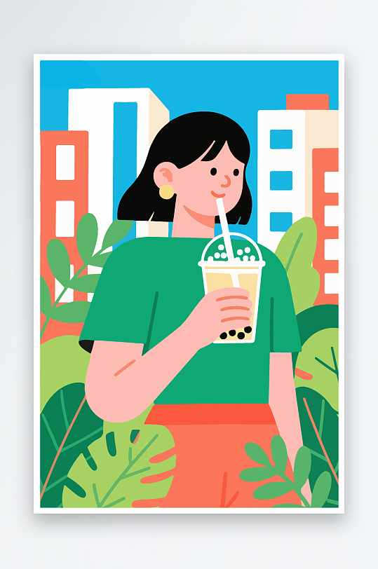 女孩手持奶茶潮流插画-众图网