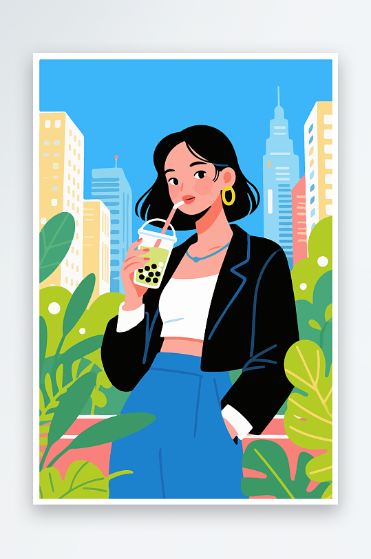 女孩手持奶茶潮流插画-众图网