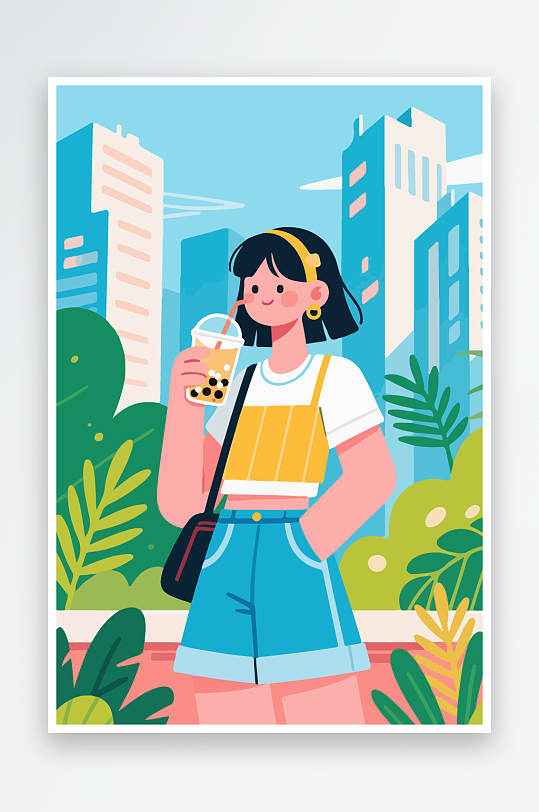 女孩手持奶茶潮流插画-众图网
