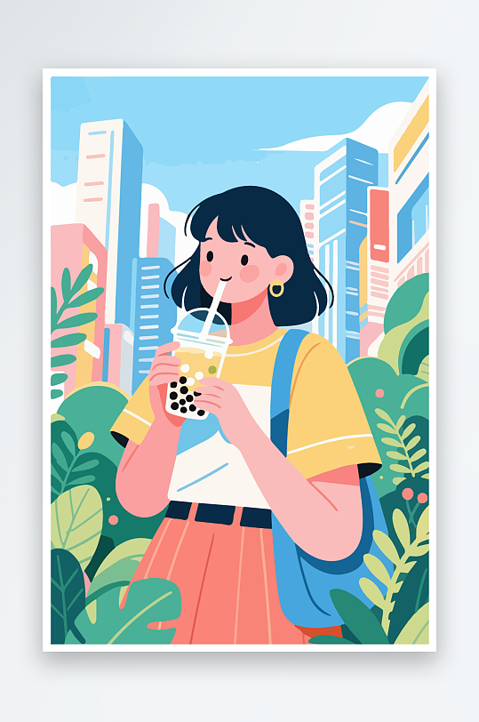 女孩手持奶茶潮流插画-众图网
