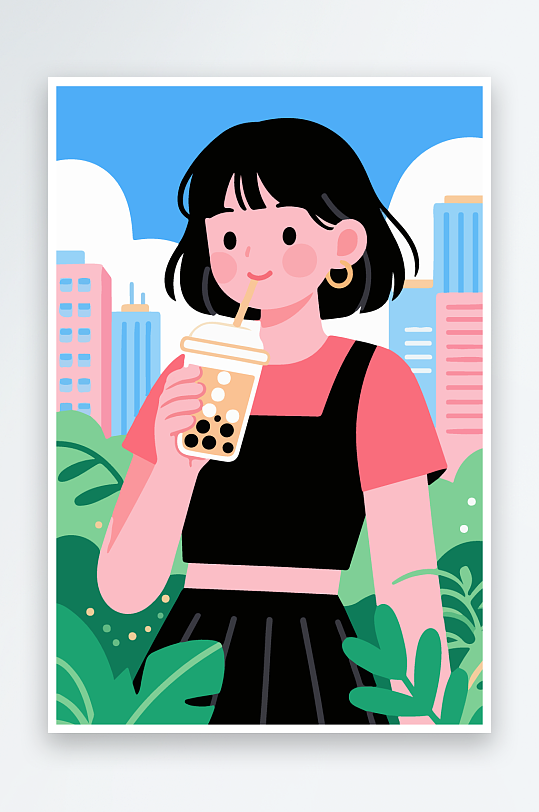 女孩手持奶茶潮流插画-众图网
