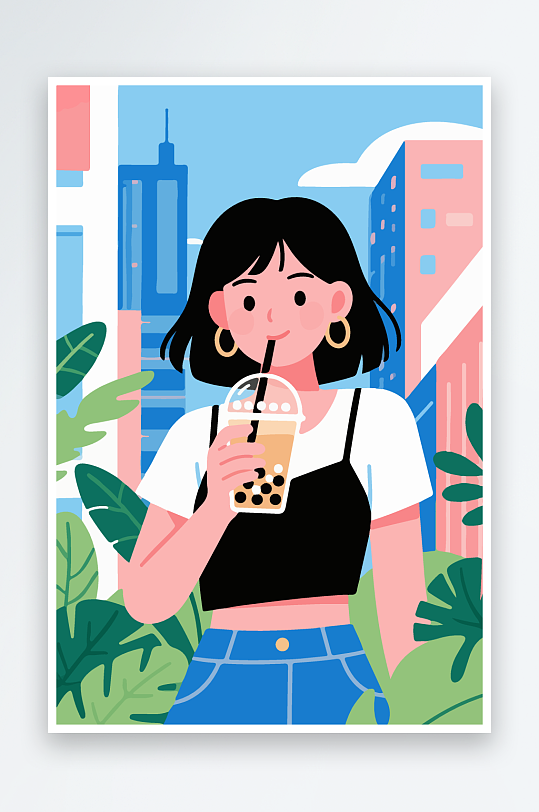 女孩手持奶茶潮流插画-众图网