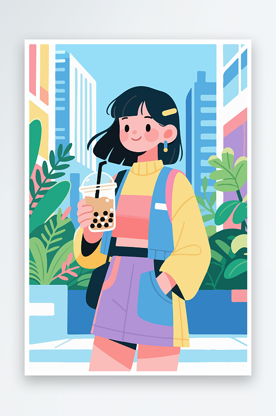 女孩手持奶茶潮流插画-众图网
