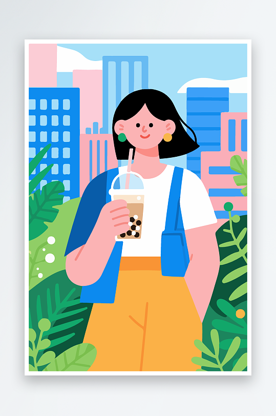 女孩手持奶茶潮流插画-众图网