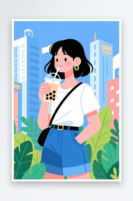 女孩手持奶茶潮流插画-众图网