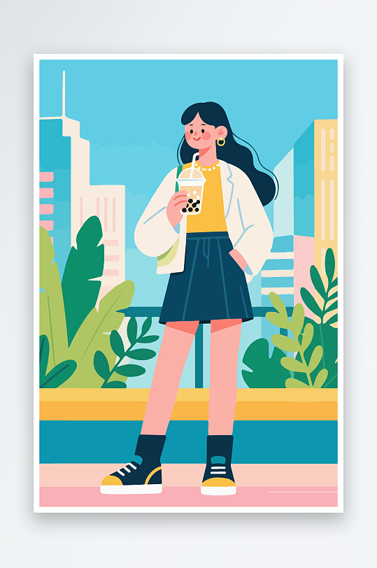 女孩手持奶茶潮流插画-众图网