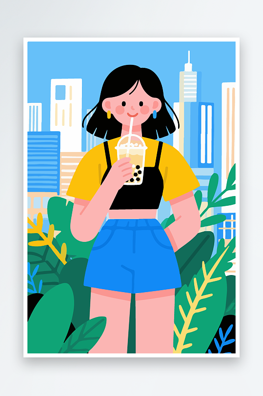 女孩手持奶茶潮流插画-众图网