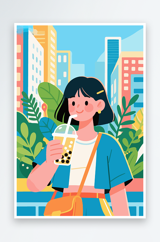 女孩手持奶茶潮流插画-众图网