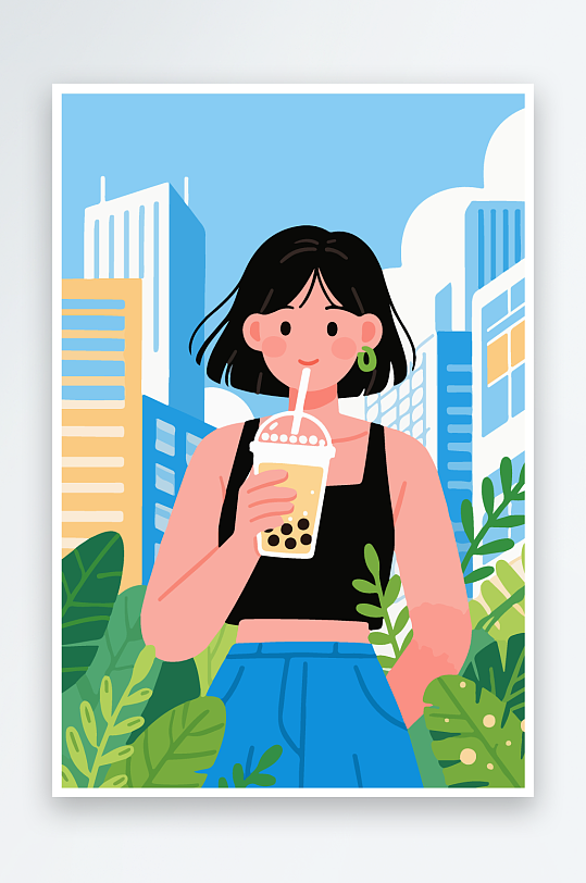 女孩手持奶茶潮流插画-众图网