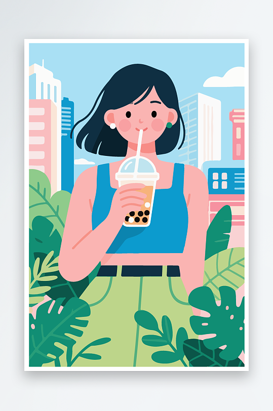 女孩手持奶茶潮流插画-众图网