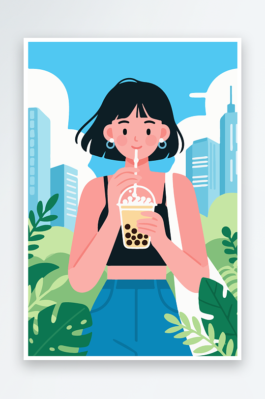 女孩手持奶茶潮流插画-众图网