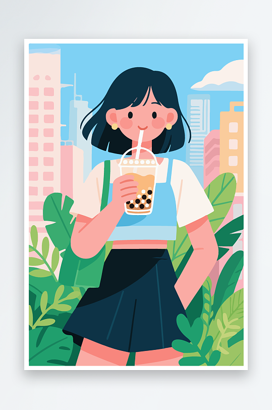 女孩手持奶茶潮流插画-众图网