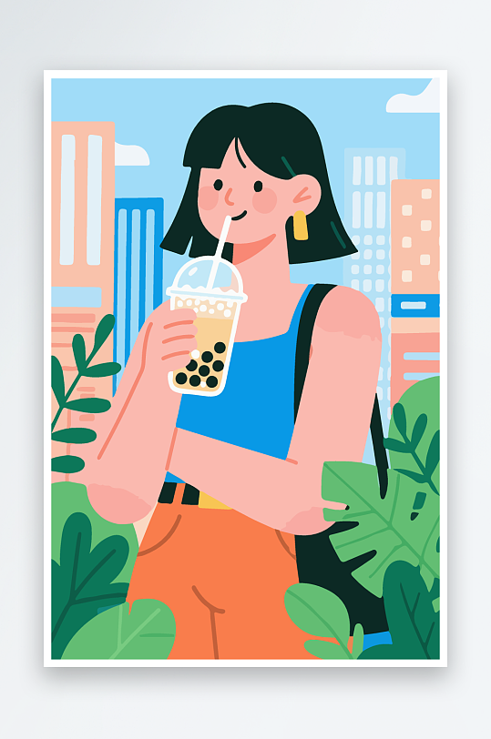 女孩手持奶茶潮流插画-众图网