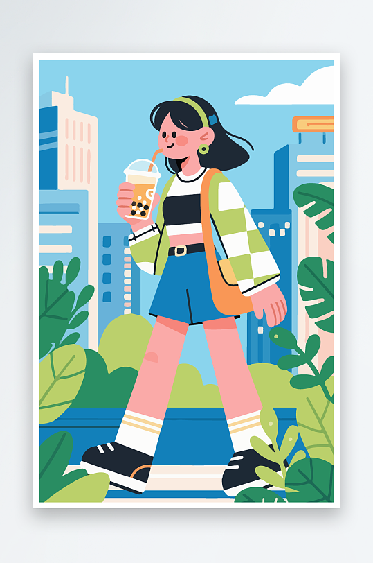 女孩手持奶茶潮流插画-众图网