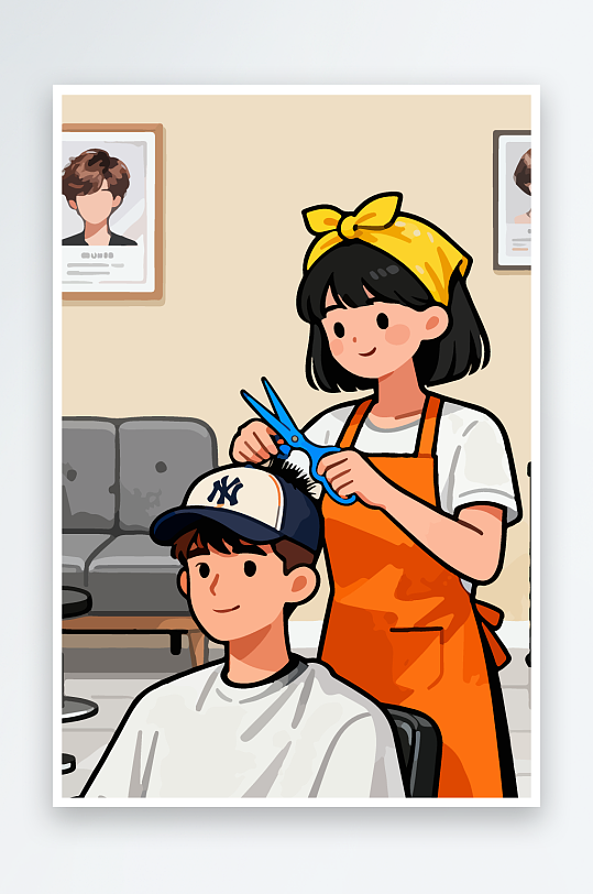 卡通理发场景插画-众图网