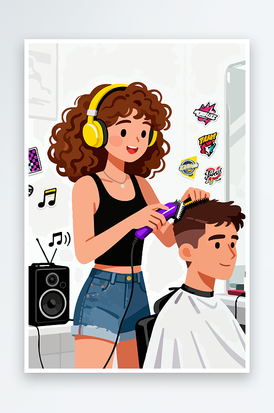 卡通理发场景插画-众图网