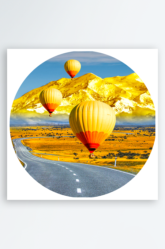 热气球山脉道路风景画圆形装饰画-众图网