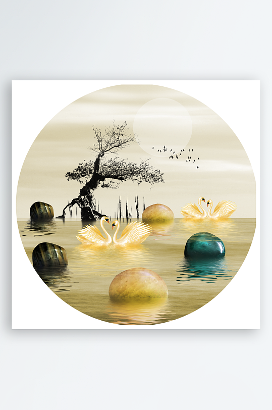 湖泊鹅卵石风景画圆形装饰画-众图网