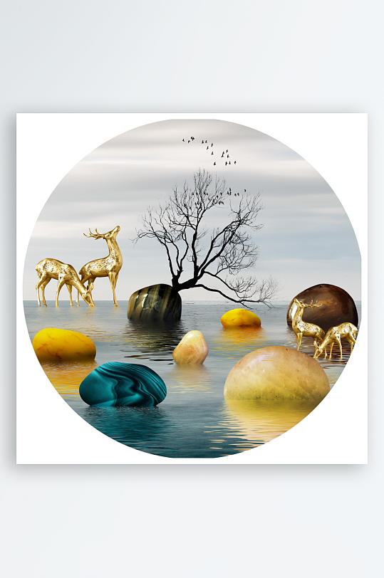 湖泊鹅卵石风景画圆形装饰画-众图网