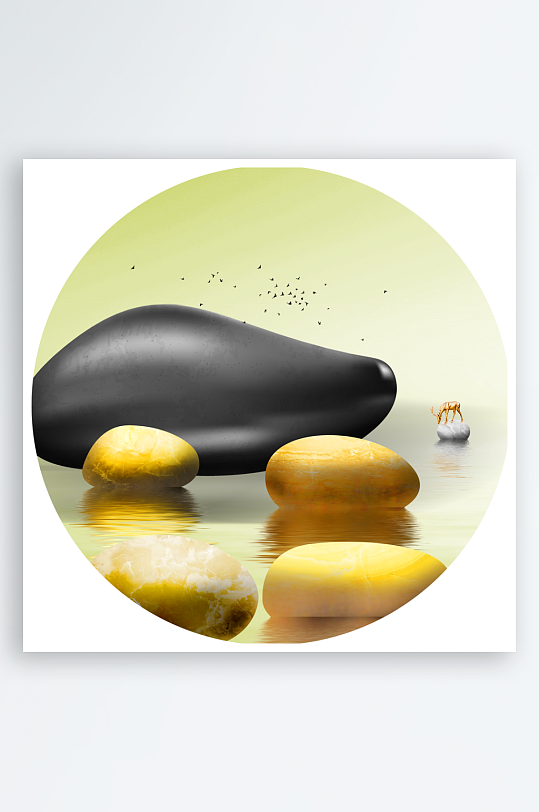 湖泊鹅卵石风景画圆形装饰画-众图网