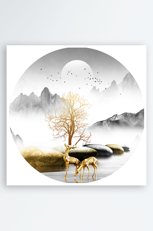 湖泊鹅卵石风景画圆形装饰画-众图网