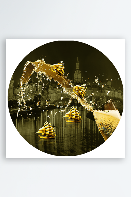 轻奢酒杯帆船风景画圆形装饰画-众图网