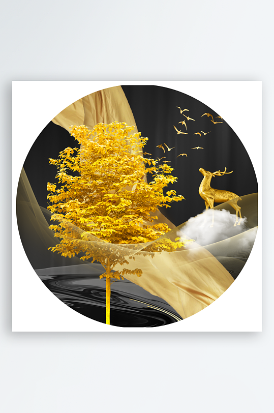 麋鹿风景画圆形装饰画-众图网