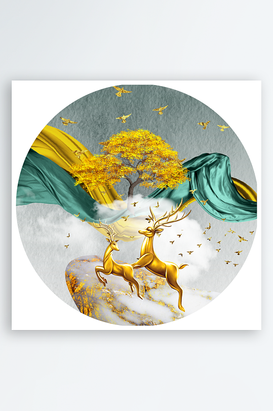 麋鹿风景画圆形装饰画-众图网