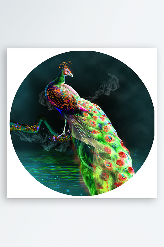 水彩孔雀圆形装饰画-众图网