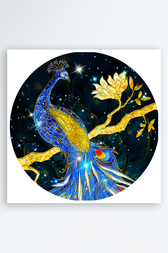 水彩孔雀圆形装饰画-众图网