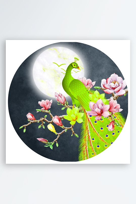 水彩孔雀圆形装饰画-众图网