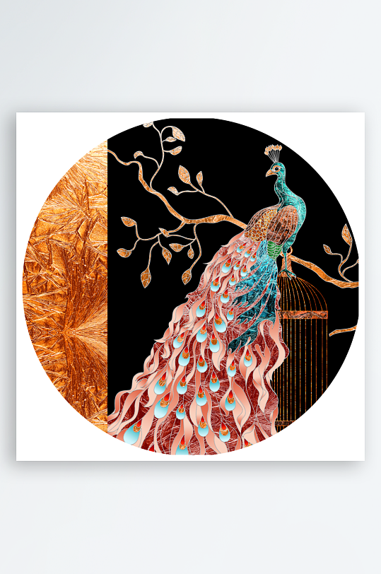 孔雀风景画圆形装饰画-众图网