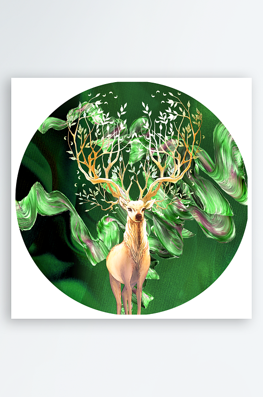 麋鹿风景画圆形装饰画-众图网