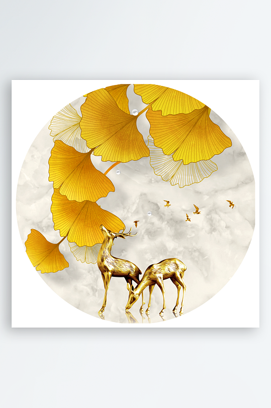 麋鹿风景画圆形装饰画-众图网