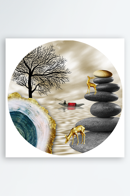 唯美麋鹿风景画圆形装饰画-众图网