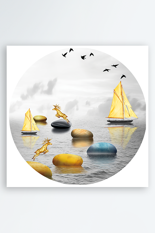 湖泊风景画圆形装饰画-众图网